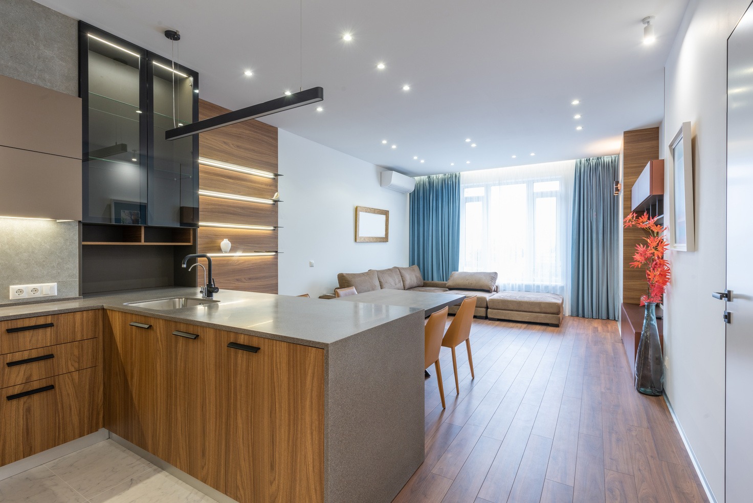 Interior of apartment with kitchen counter